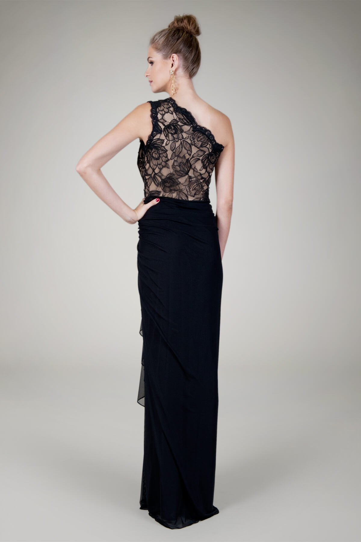 Mesh and Floral Lace One Shoulder Gown in Black / Nude