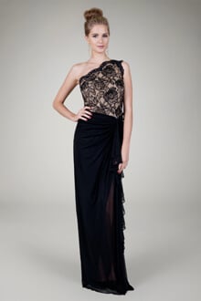 Mesh and Floral Lace One Shoulder Gown in Black / Nude
