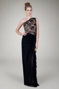 Mesh and Floral Lace One Shoulder Gown in Black / Nude