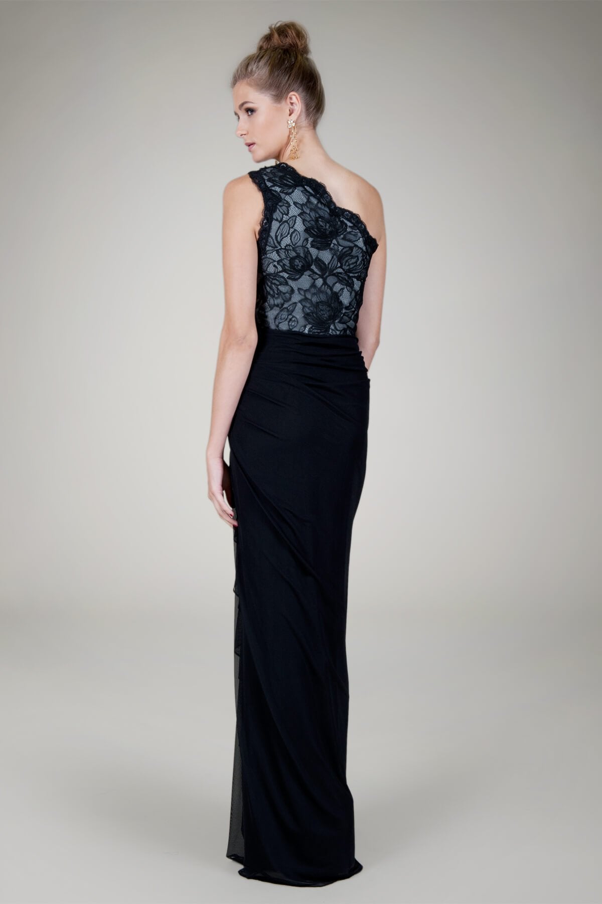Mesh and Floral Lace One Shoulder Gown in Black / Ivory