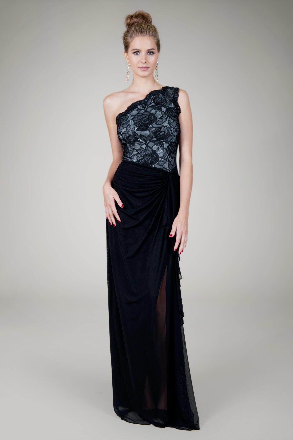 Mesh and Floral Lace One Shoulder Gown in Black / Ivory