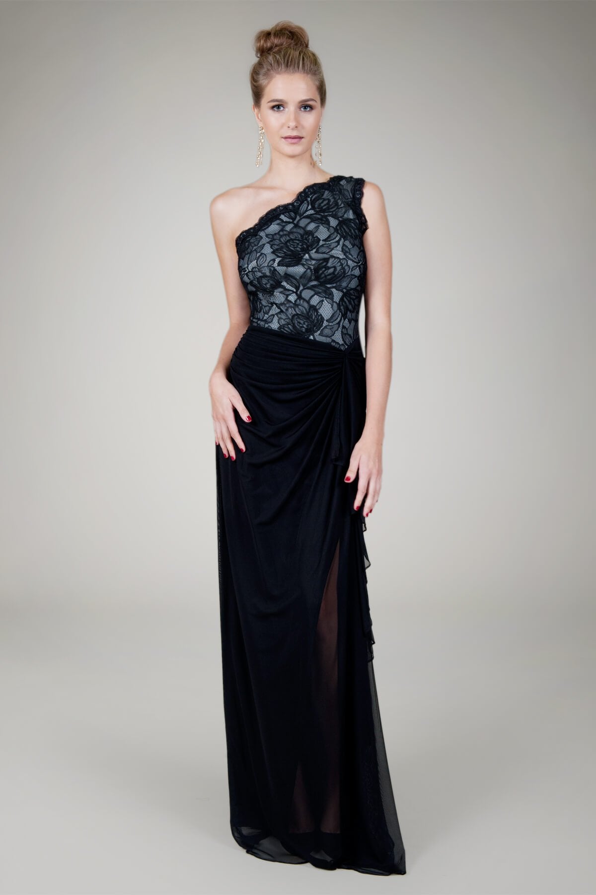 Mesh and Floral Lace One Shoulder Gown in Black / Ivory