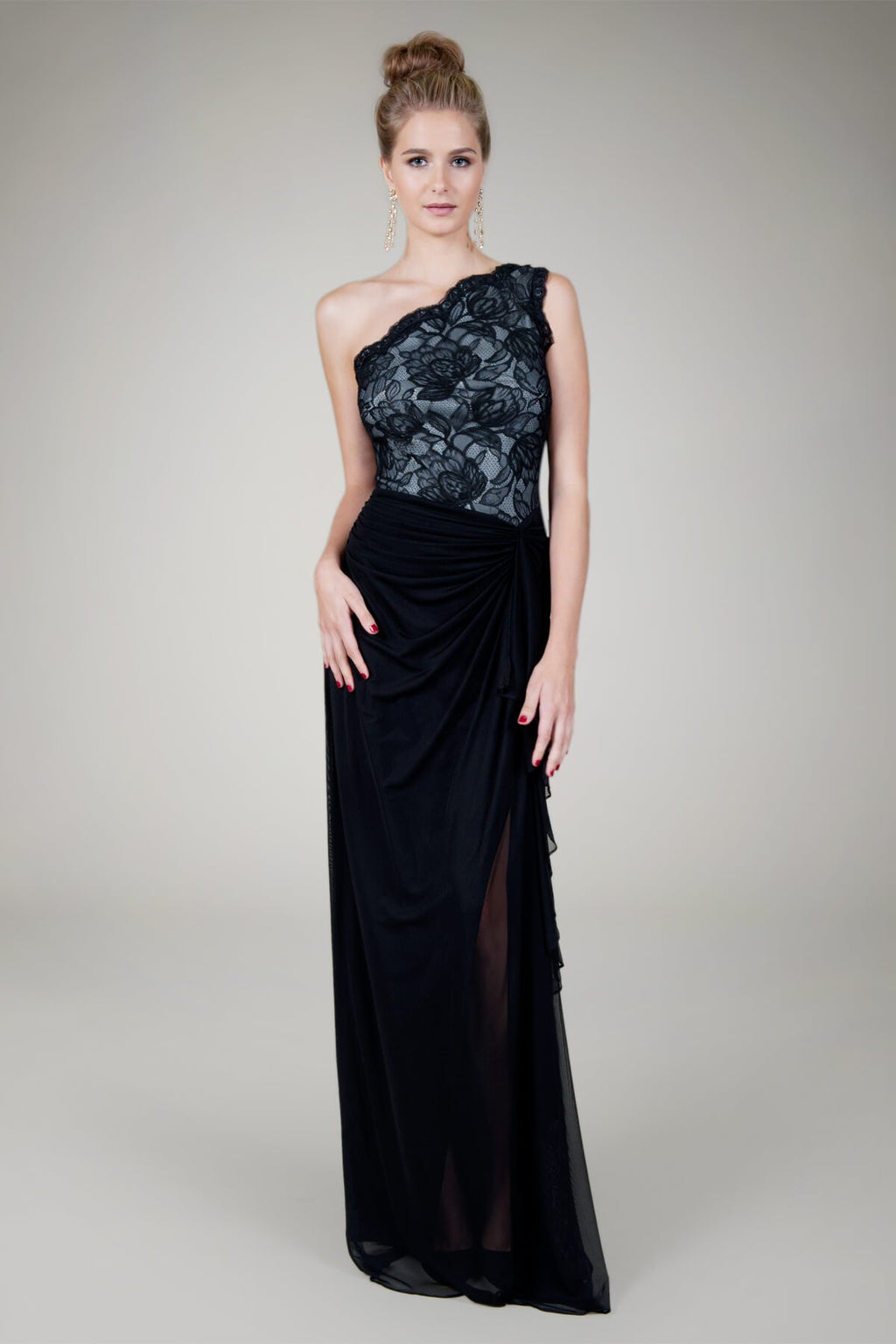 Mesh and Floral Lace One Shoulder Gown in Black / Ivory