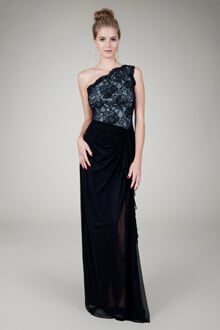 Mesh and Floral Lace One Shoulder Gown in Black / Ivory