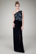 Mesh and Floral Lace One Shoulder Gown in Black / Ivory
