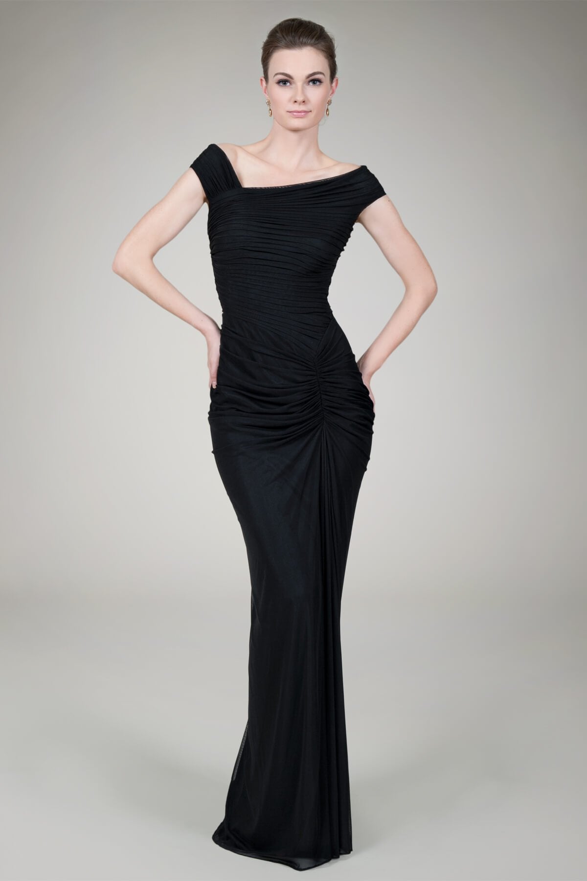 Asymmetric Ruched Gown in Black