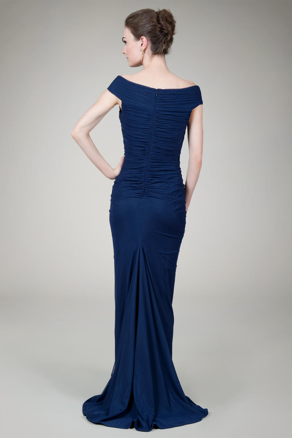 Asymmetric Ruched Gown in Indigo