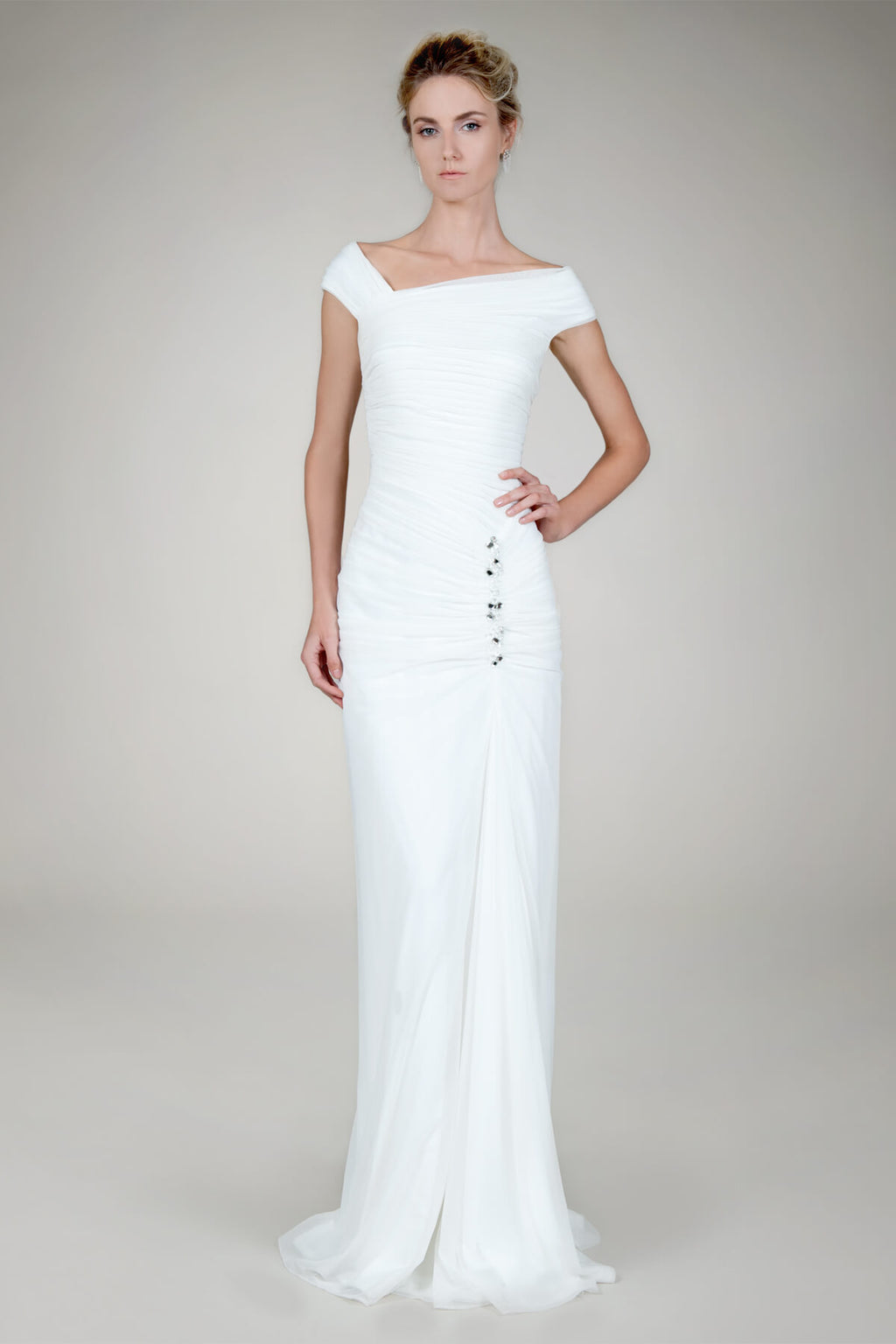 Ruched Mesh Gown in Ivory