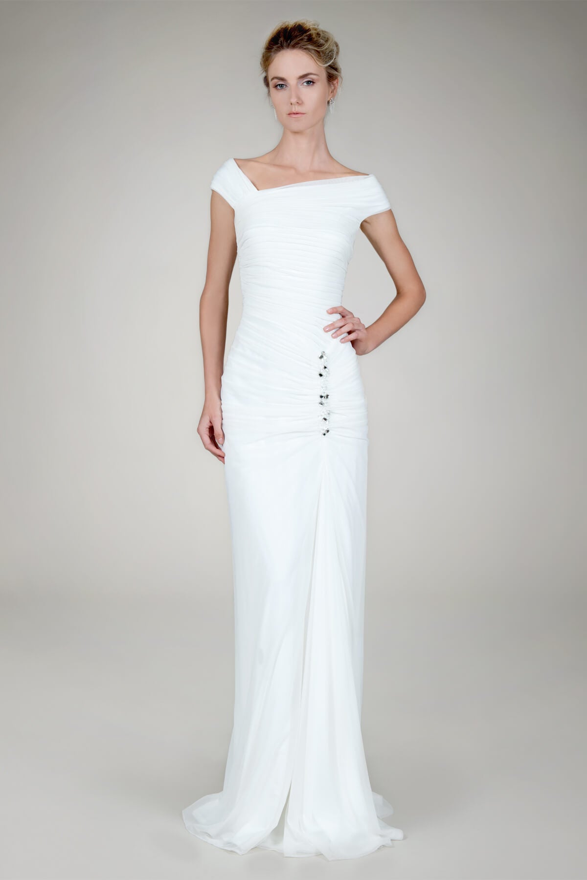 Ruched Mesh Gown in Ivory