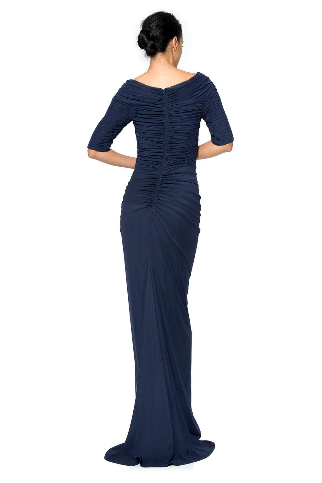 Asymmetric Ruched Sleeve Gown