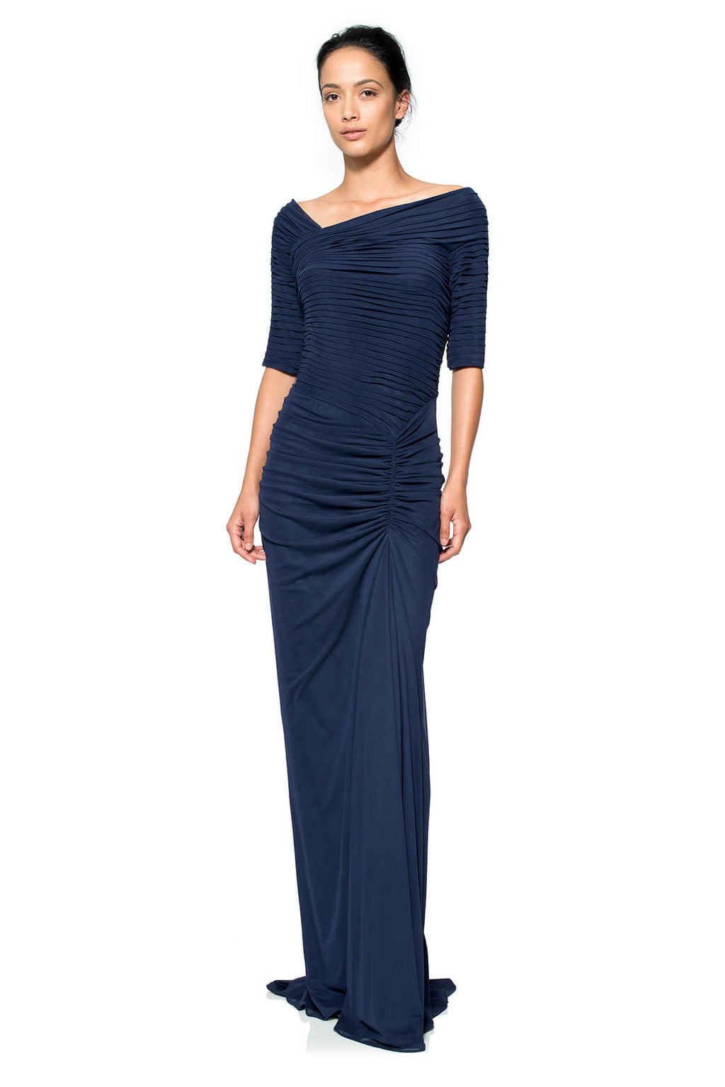 Asymmetric Ruched Sleeve Gown