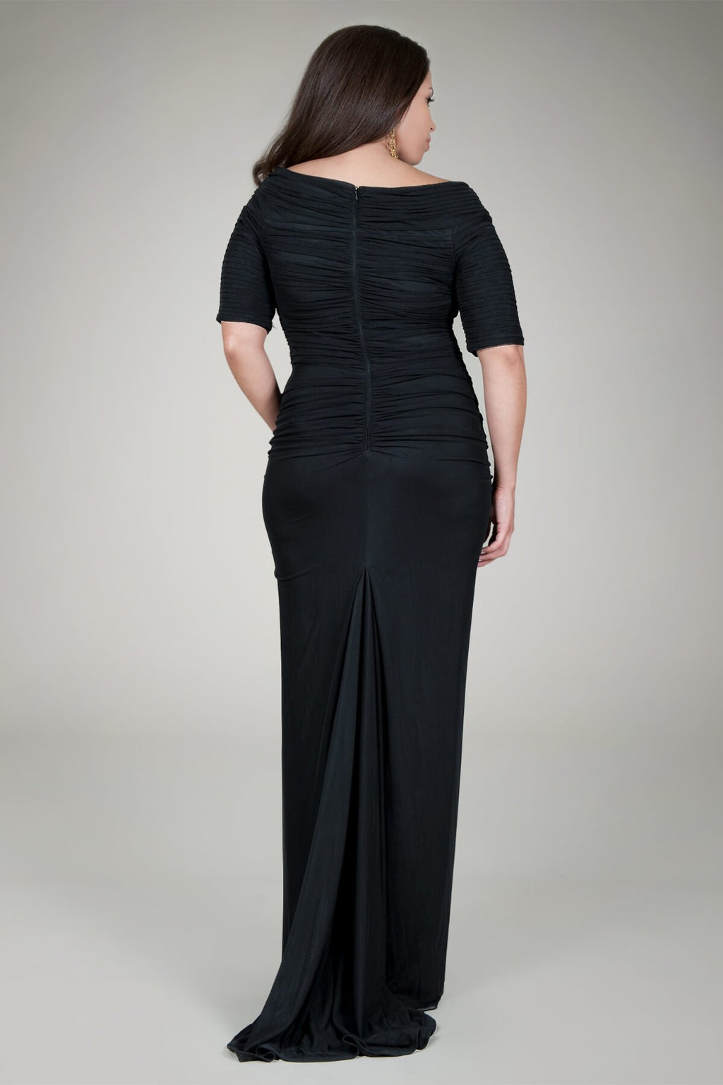 Asymmetric Ruched Sleeve Gown in Black