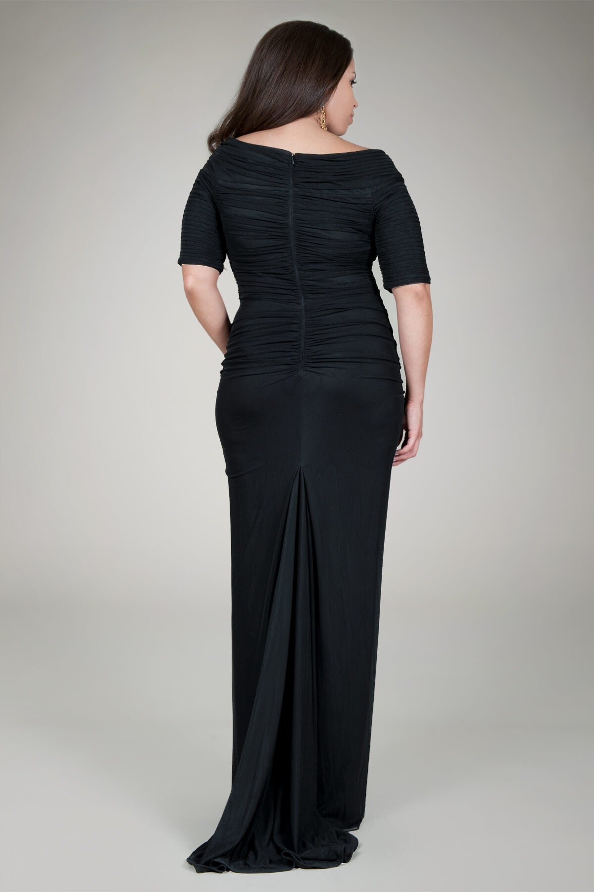 Asymmetric Ruched Sleeve Gown in Black