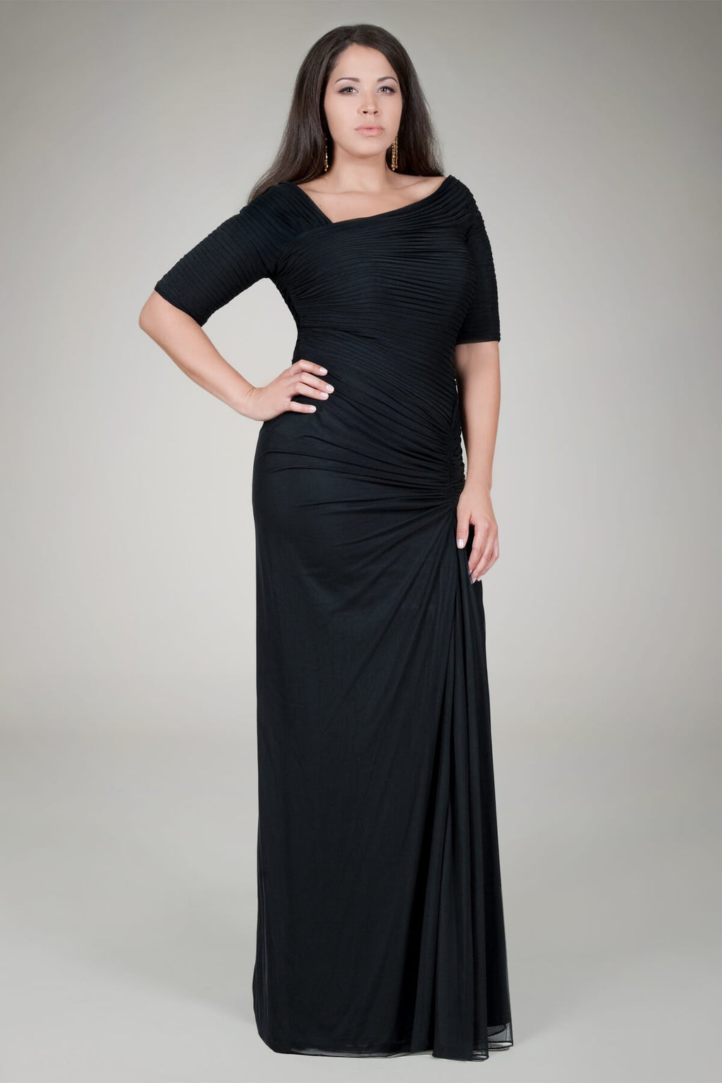 Asymmetric Ruched Sleeve Gown in Black