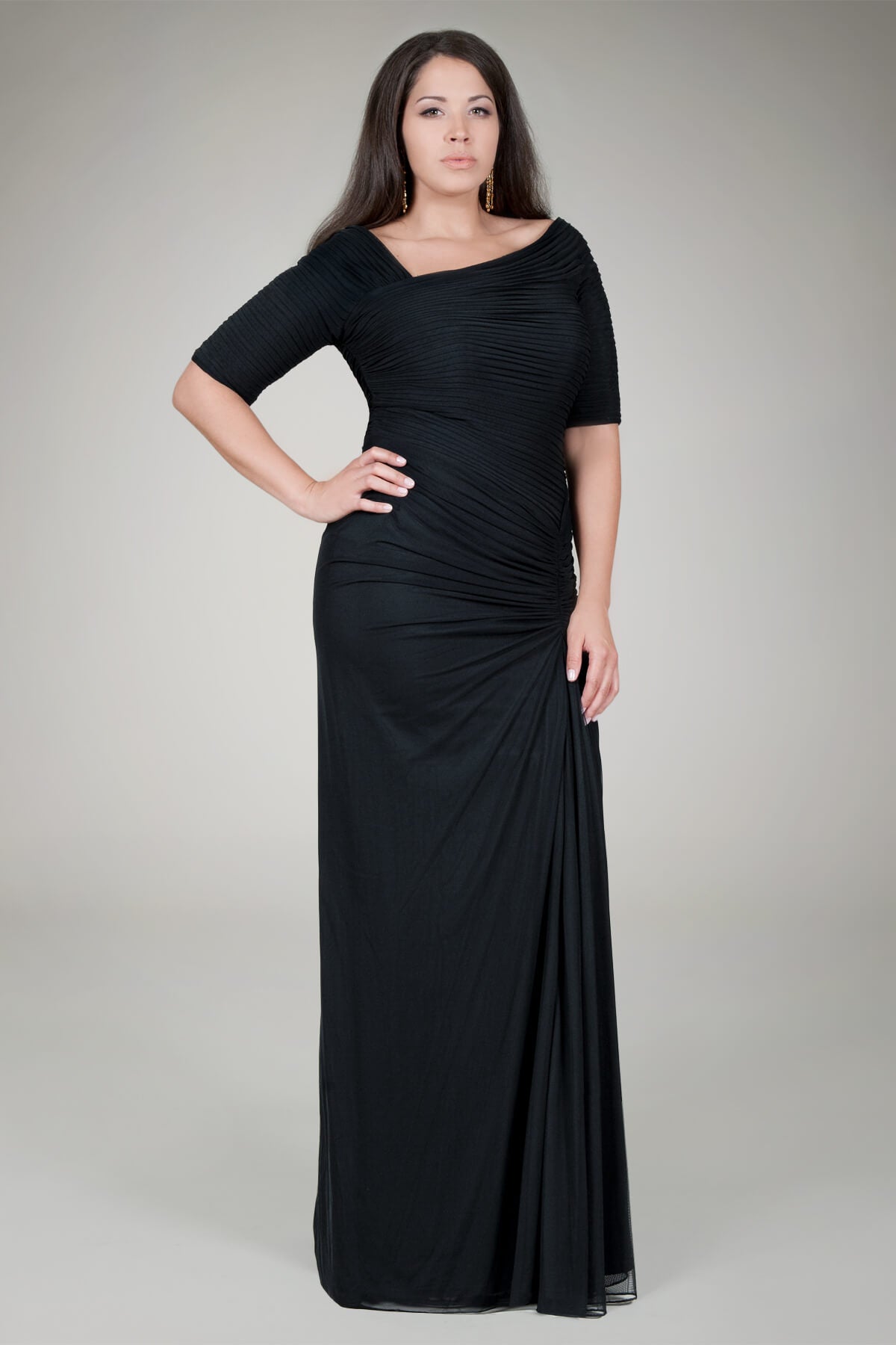 Asymmetric Ruched Sleeve Gown in Black