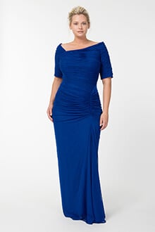 Asymmetric Ruched Sleeve Gown in Marina