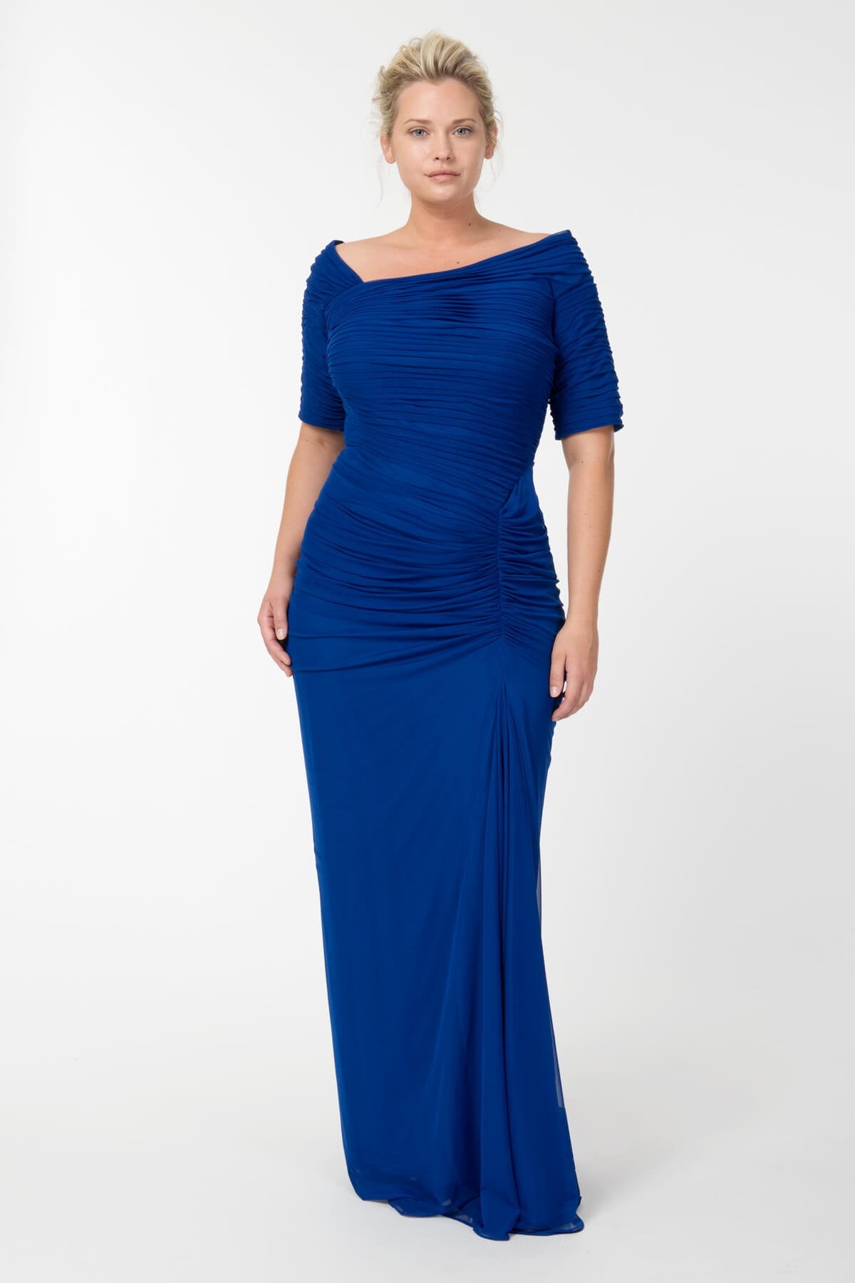 Asymmetric Ruched Sleeve Gown in Marina