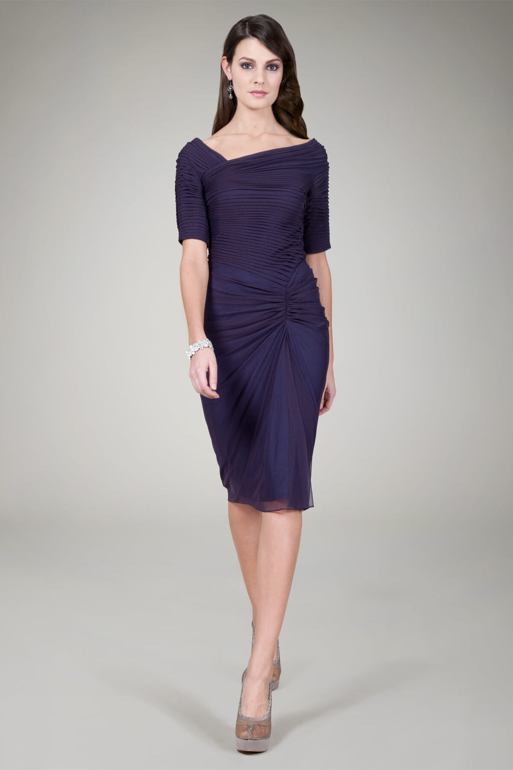 Draped Mesh Cocktail Dress in Eggplant