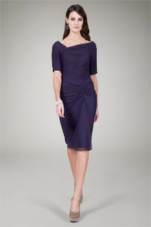 Draped Mesh Cocktail Dress in Eggplant