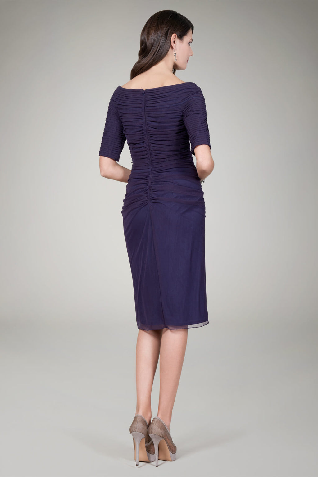 Draped Mesh Cocktail Dress in Eggplant