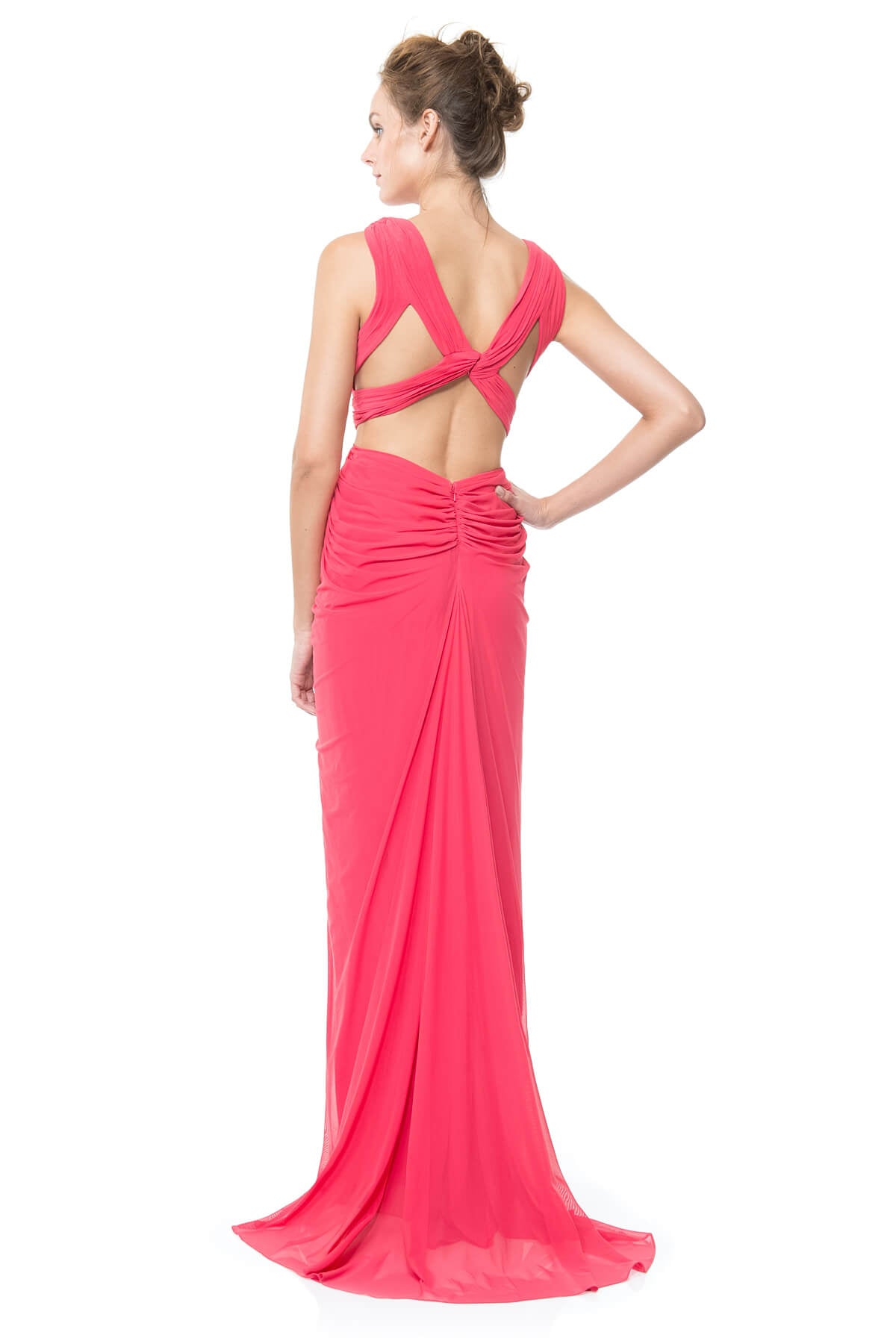Mesh V-Neck Cross Back Gown in Lily