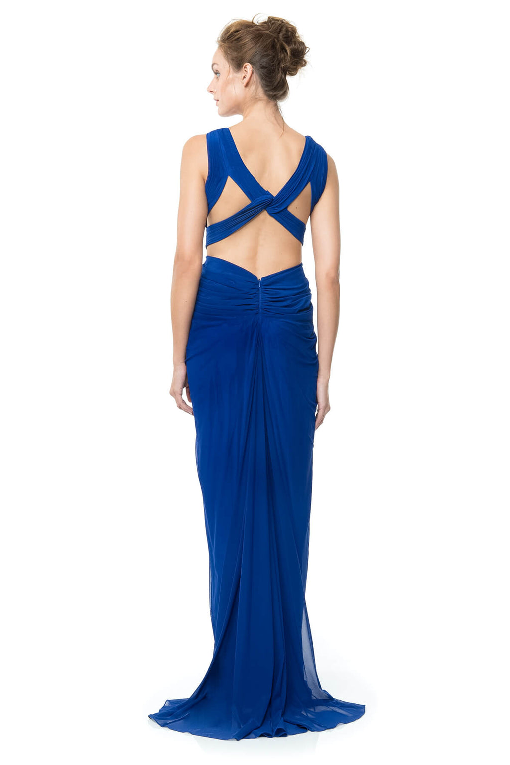 Mesh V-Neck Cross Back Gown in Marina