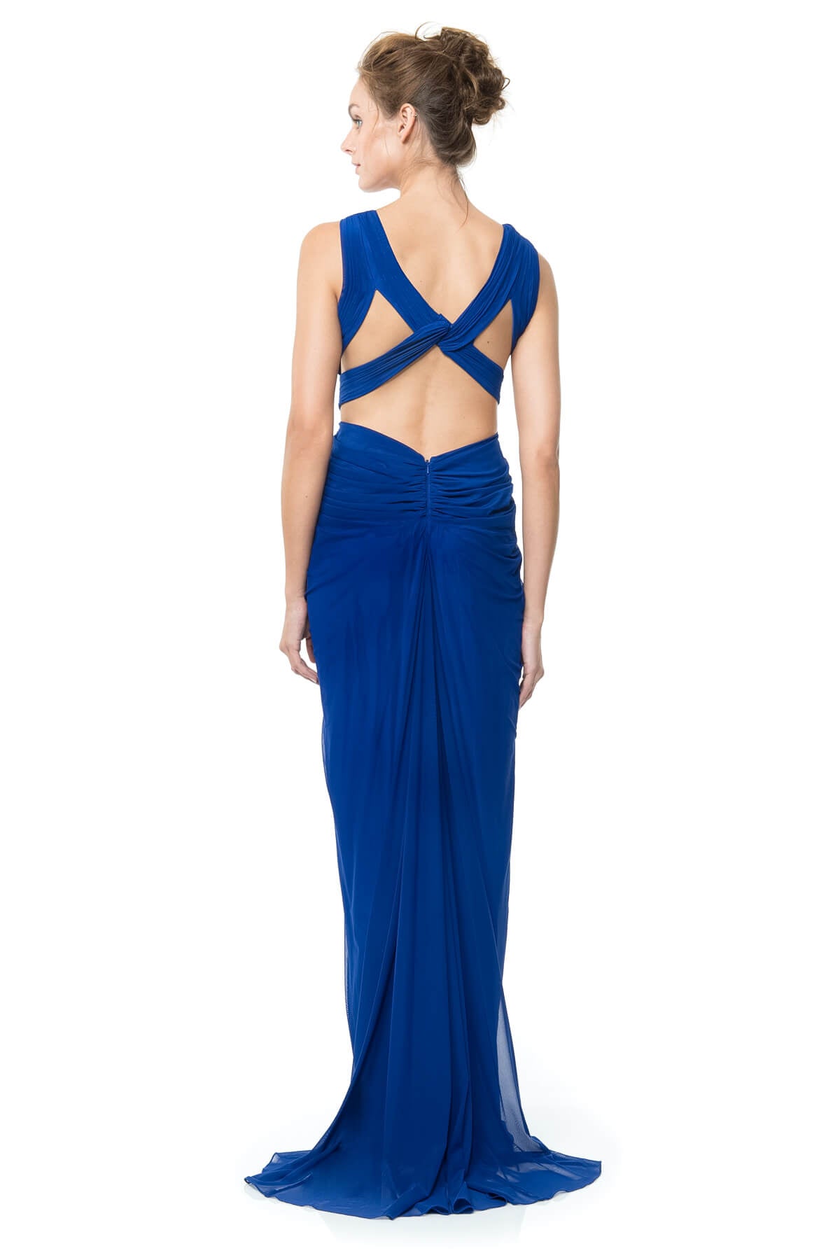 Mesh V-Neck Cross Back Gown in Marina