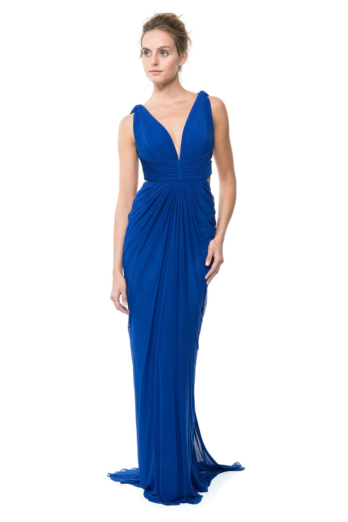 Mesh V-Neck Cross Back Gown in Marina