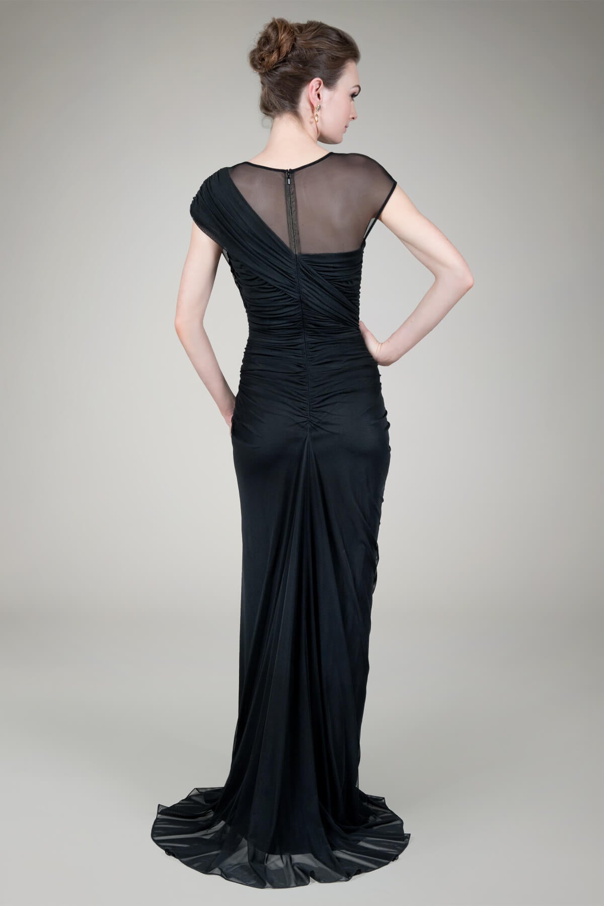 Mesh Cap Sleeve Draped Evening Gown in Black