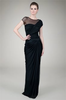 Mesh Cap Sleeve Draped Evening Gown in Black