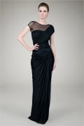 Mesh Cap Sleeve Draped Evening Gown in Black