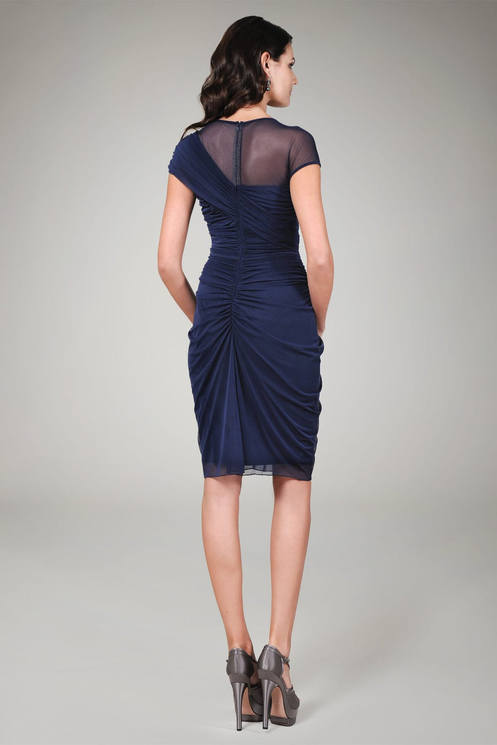 Mesh Cap Sleeve Draped Cocktail Dress in Navy