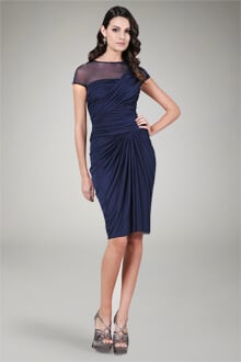 Mesh Cap Sleeve Draped Cocktail Dress in Navy