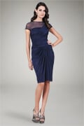Mesh Cap Sleeve Draped Cocktail Dress in Navy