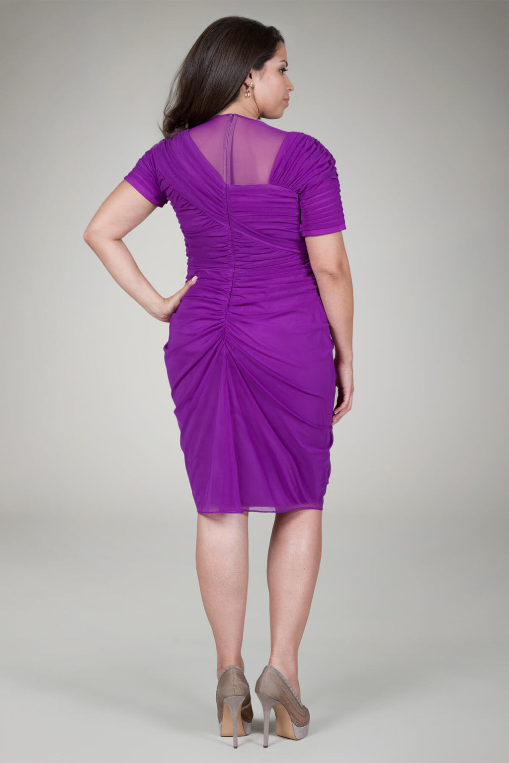 Ruched Mesh Cocktail Dress in Tripleberry