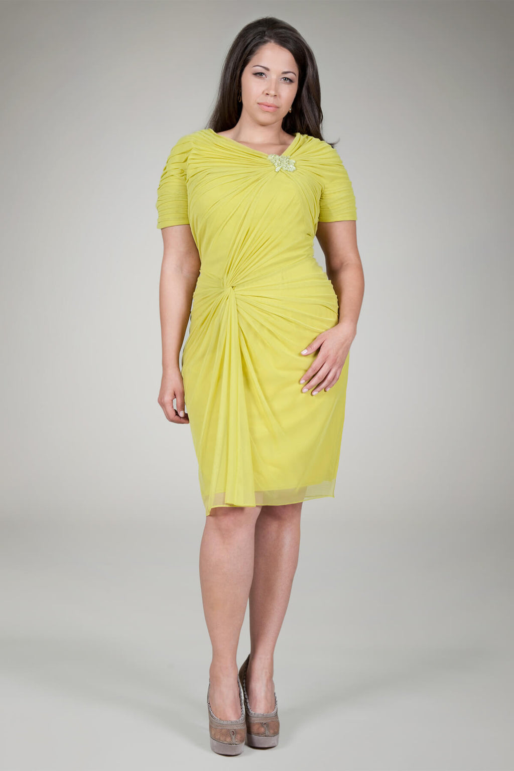 Draped Mesh Cocktail Dress in Fern