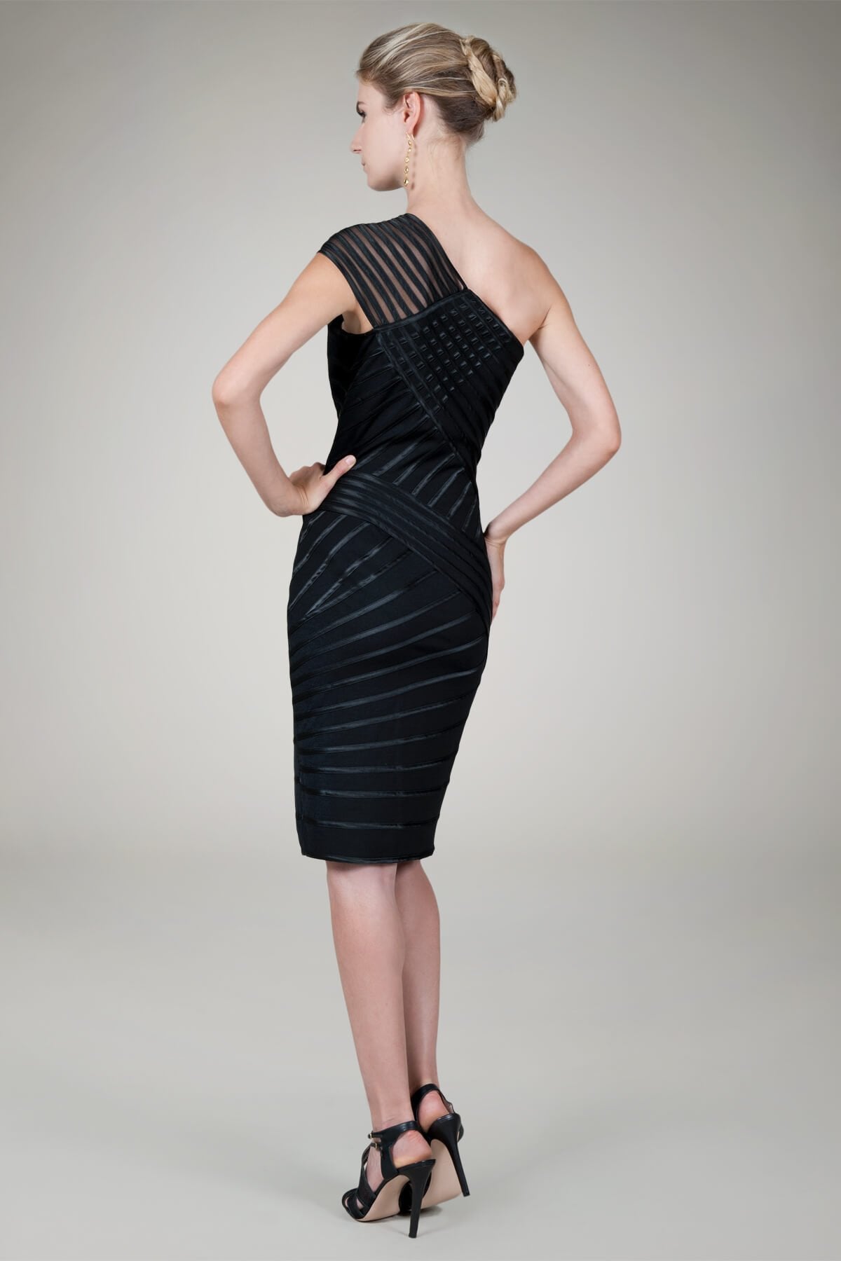 One Shoulder Piping Cocktail Dress in Black