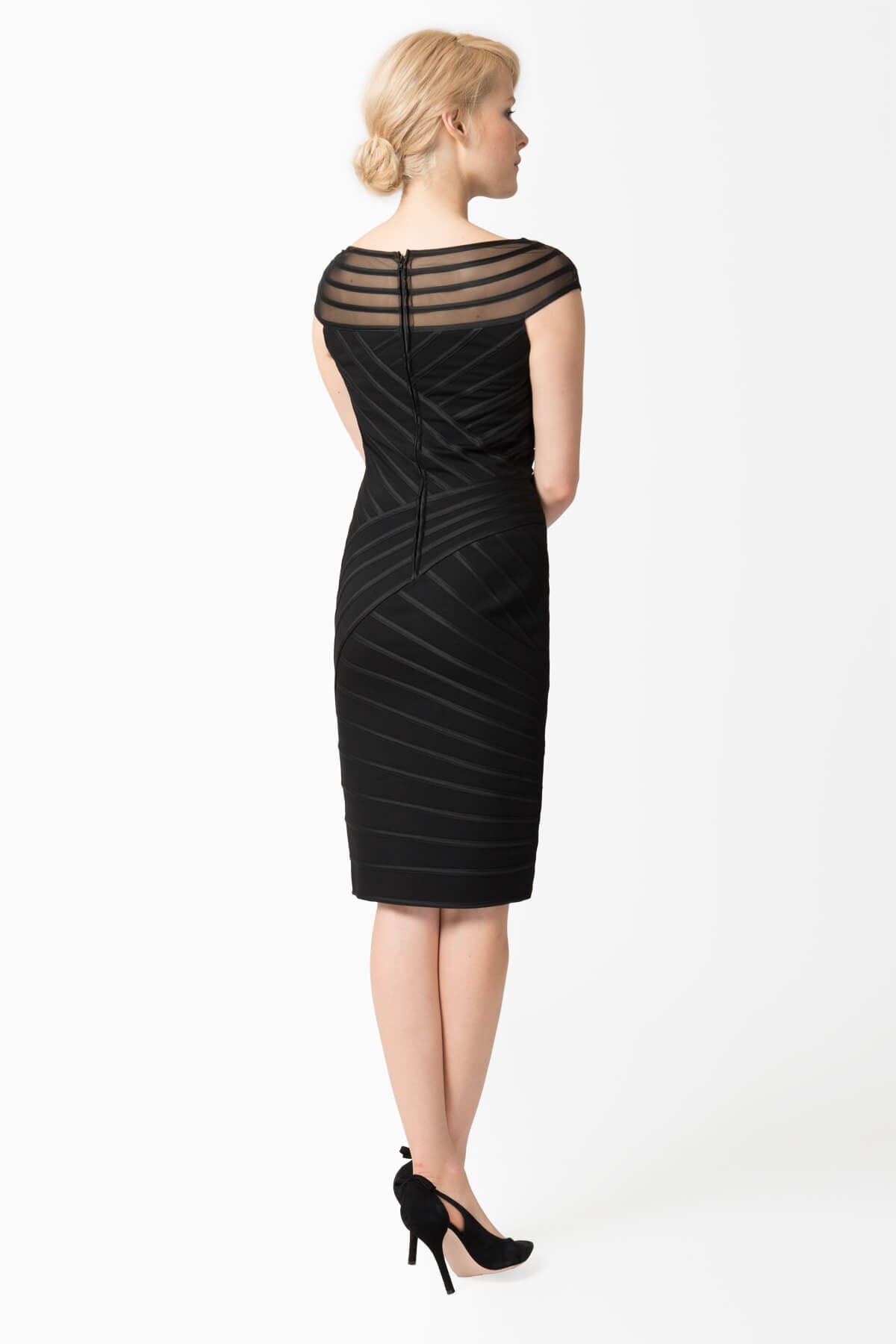 Sheer Illusion Cap Sleeve Cocktail Dress in Black