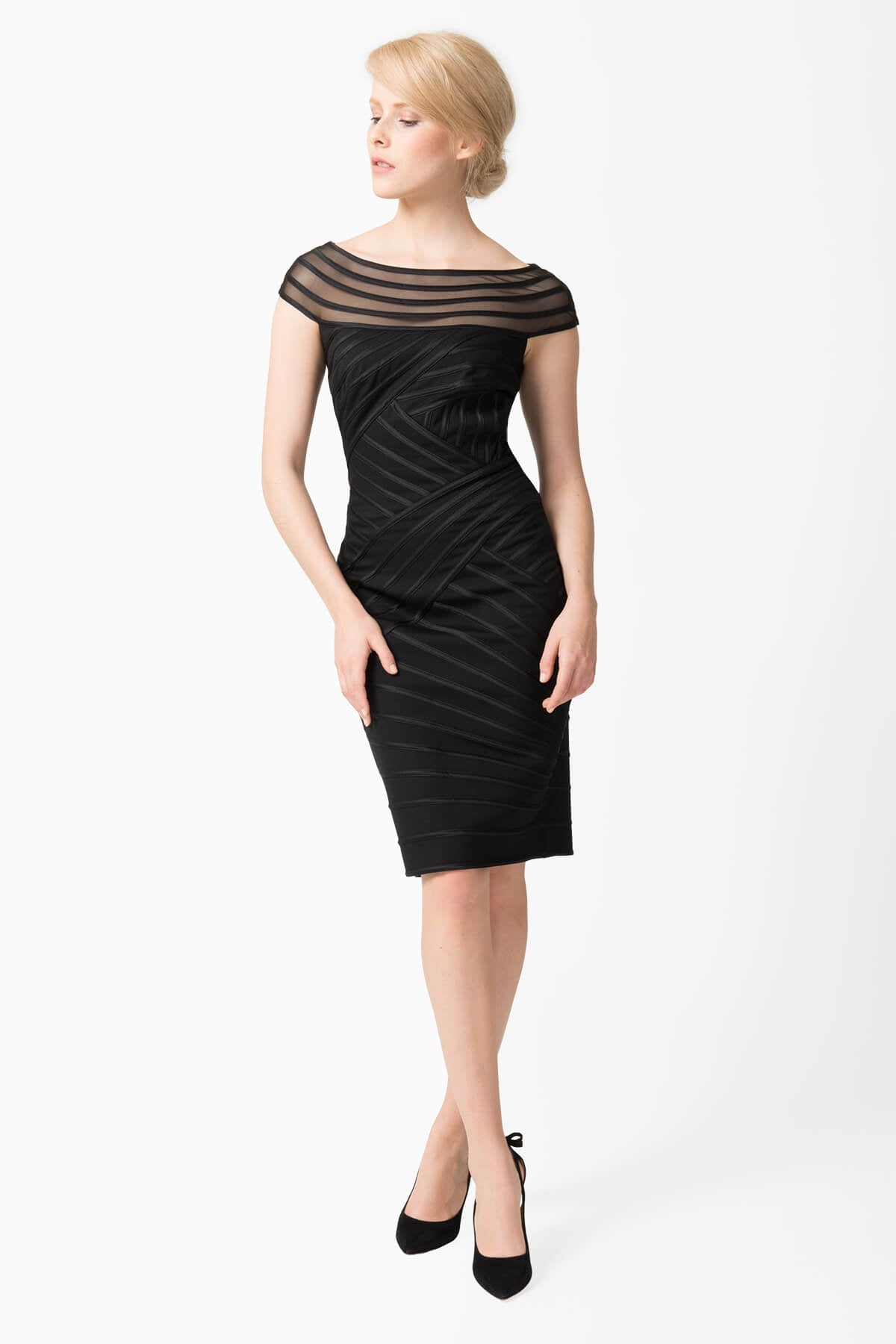 Sheer Illusion Cap Sleeve Cocktail Dress in Black