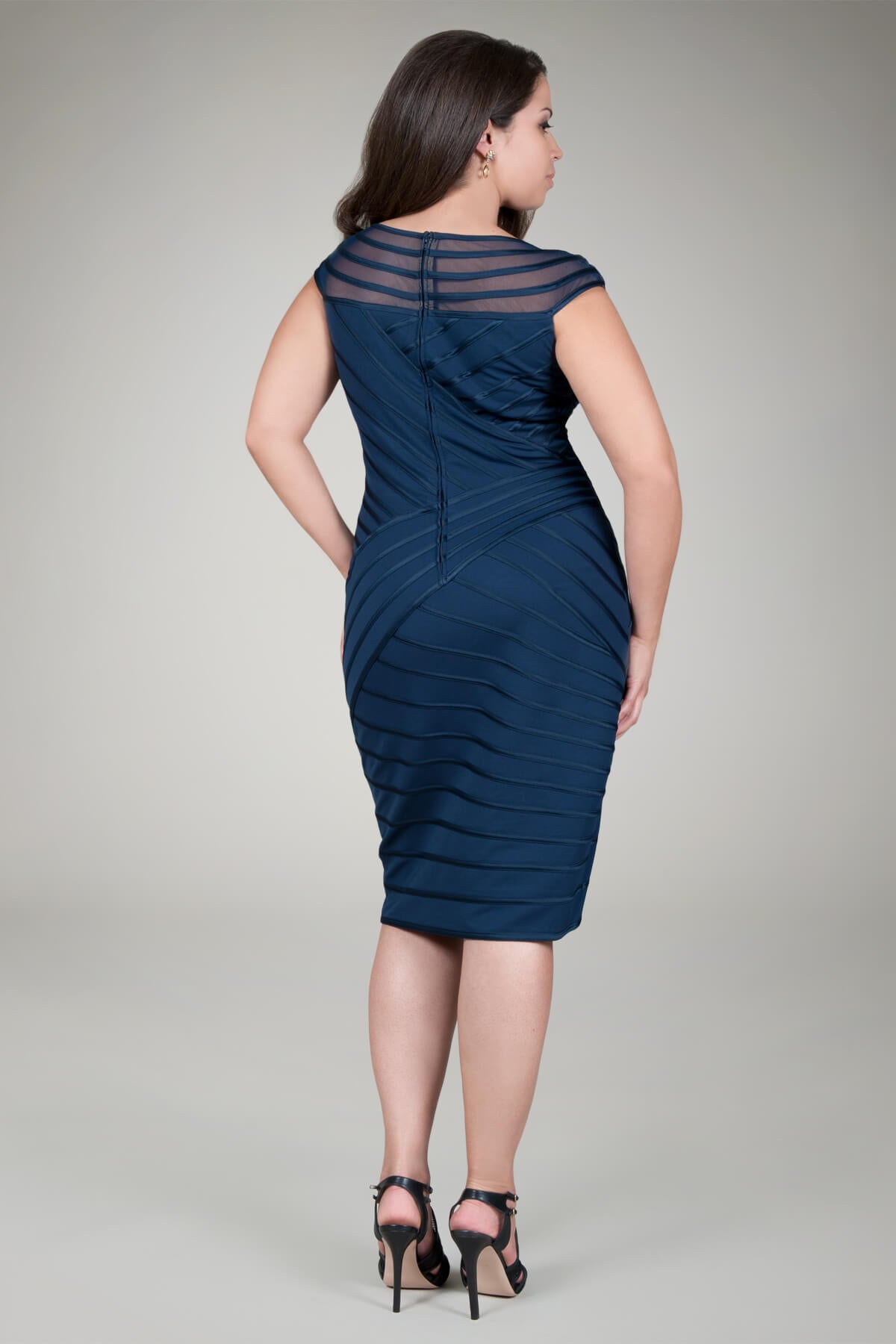 Satin Piping Bateau Cocktail Dress in Navy