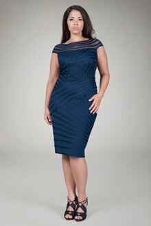 Satin Piping Bateau Cocktail Dress in Navy