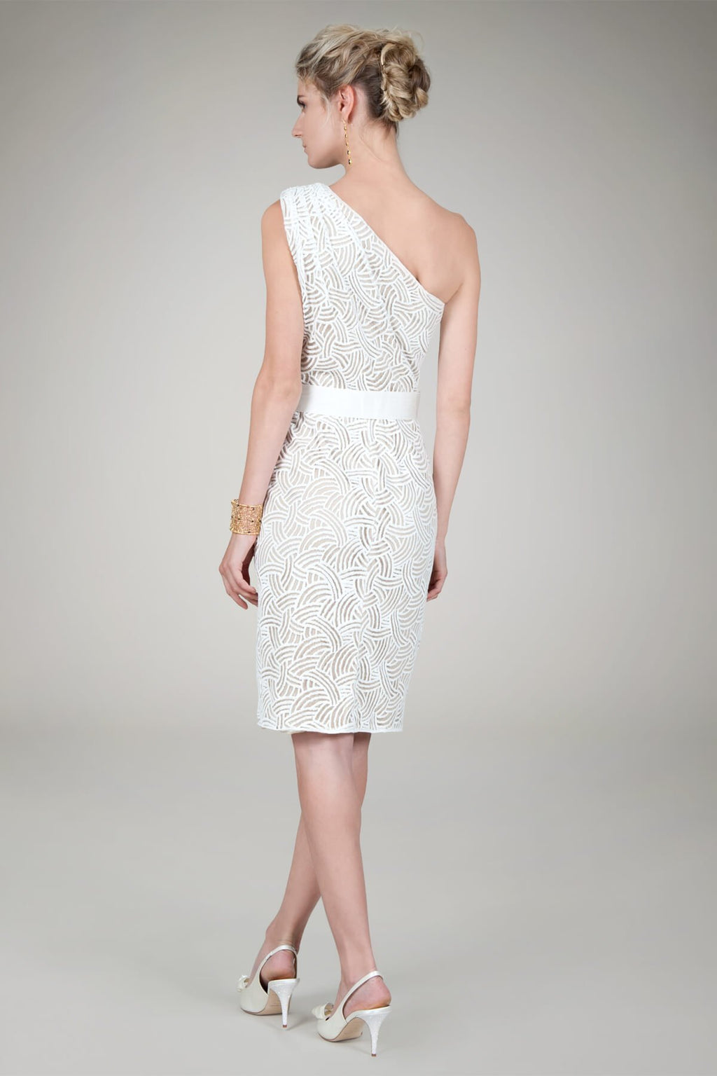 One Shoulder Lace Cocktail Dress in Ivory / Nude