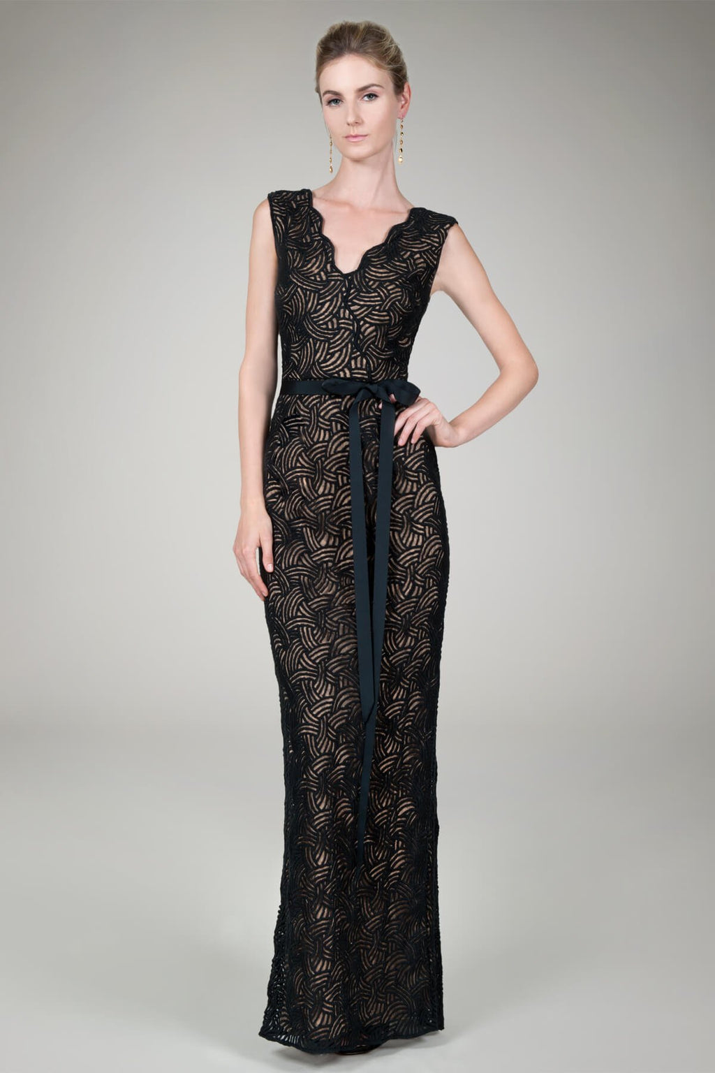Art Deco Lace Gown in Black / Nude