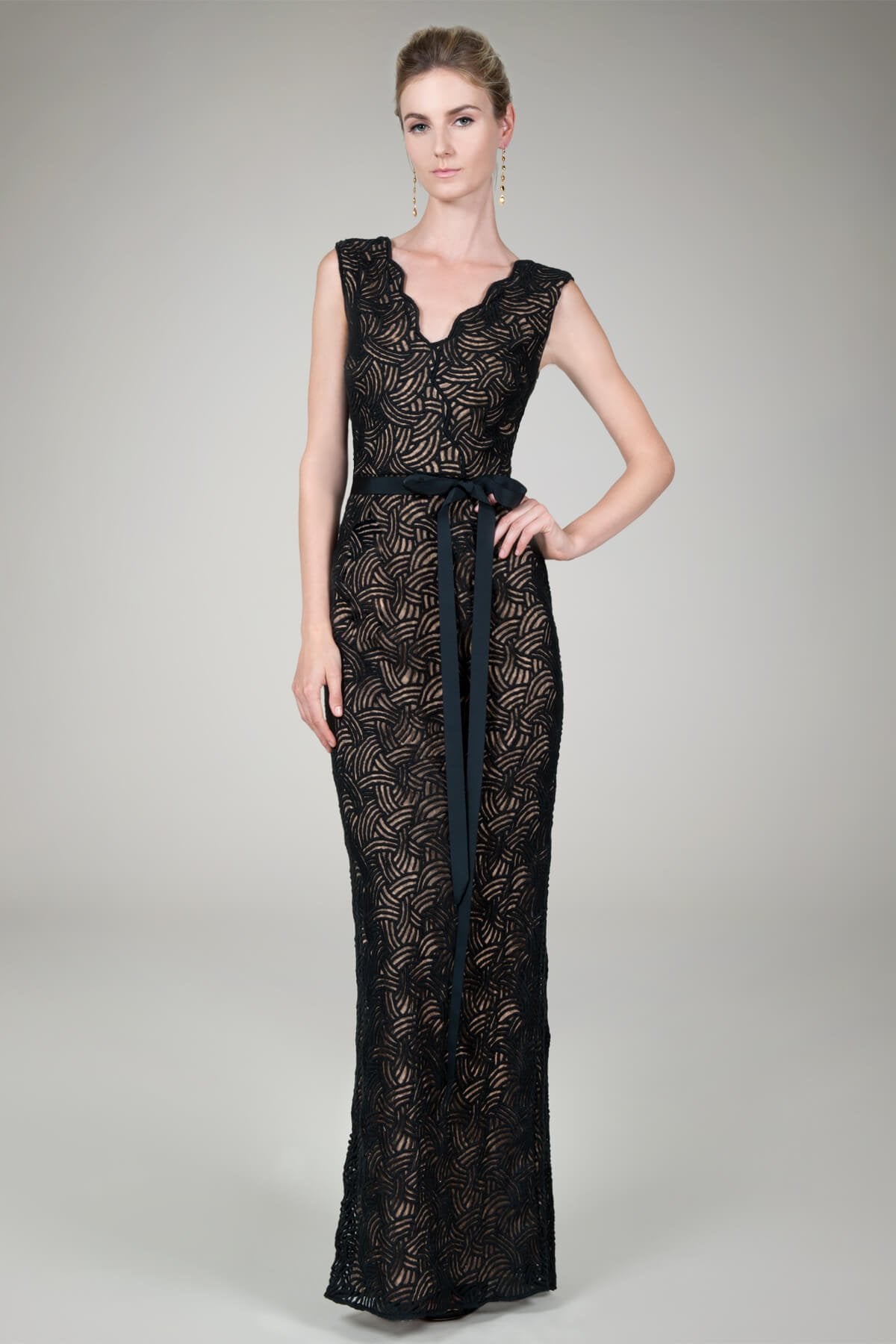 Art Deco Lace Gown in Black / Nude