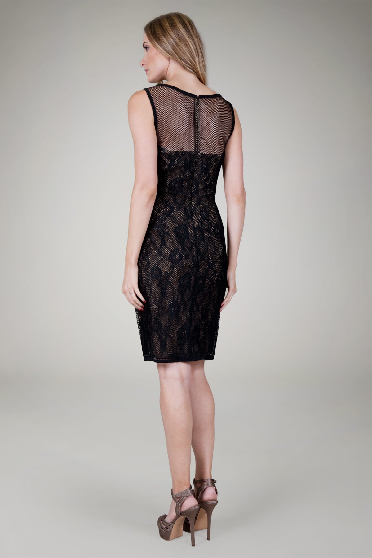 Mesh Overlay Sheath Dress in Black / Nude