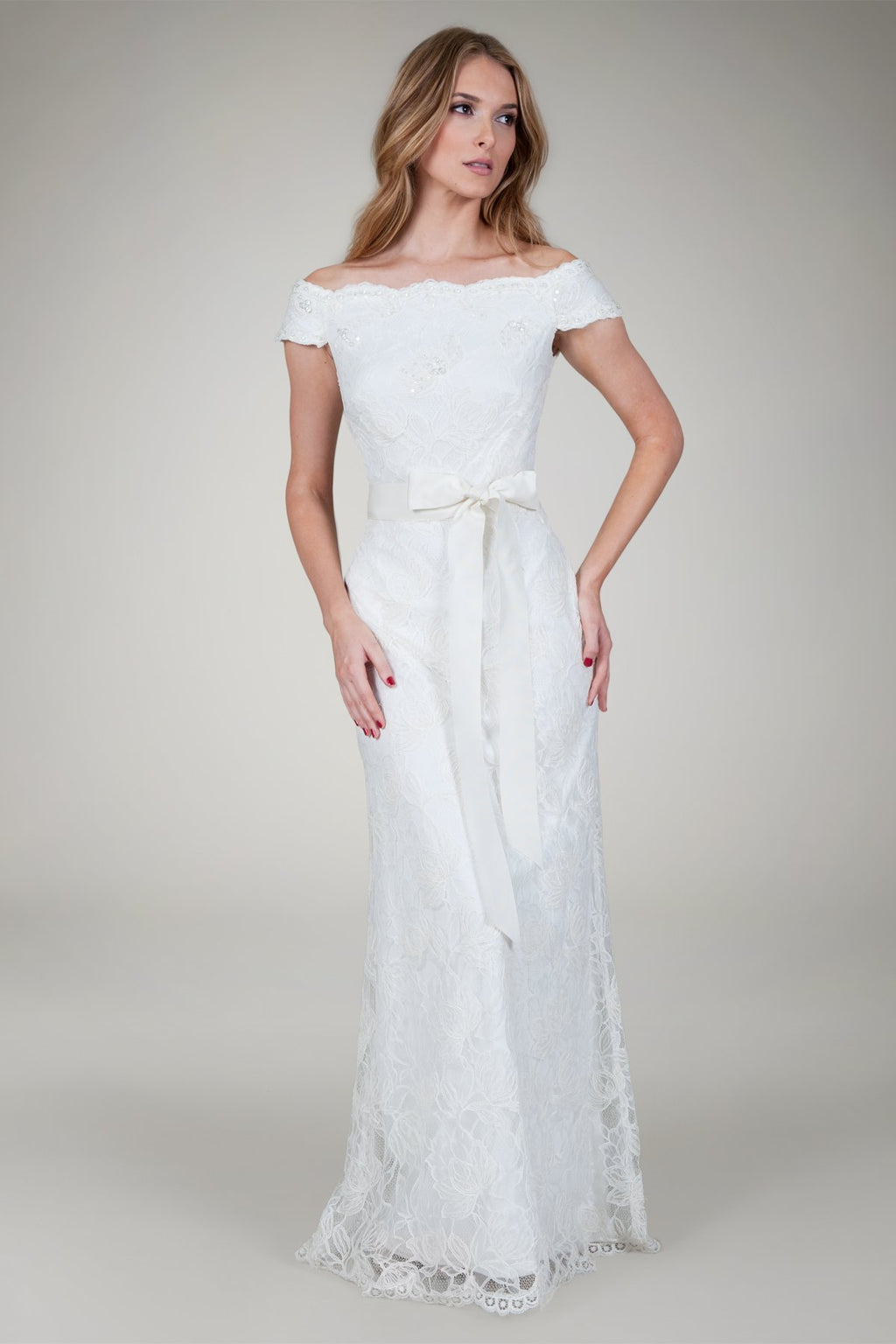 Off Shoulder Lace Gown in Ivory