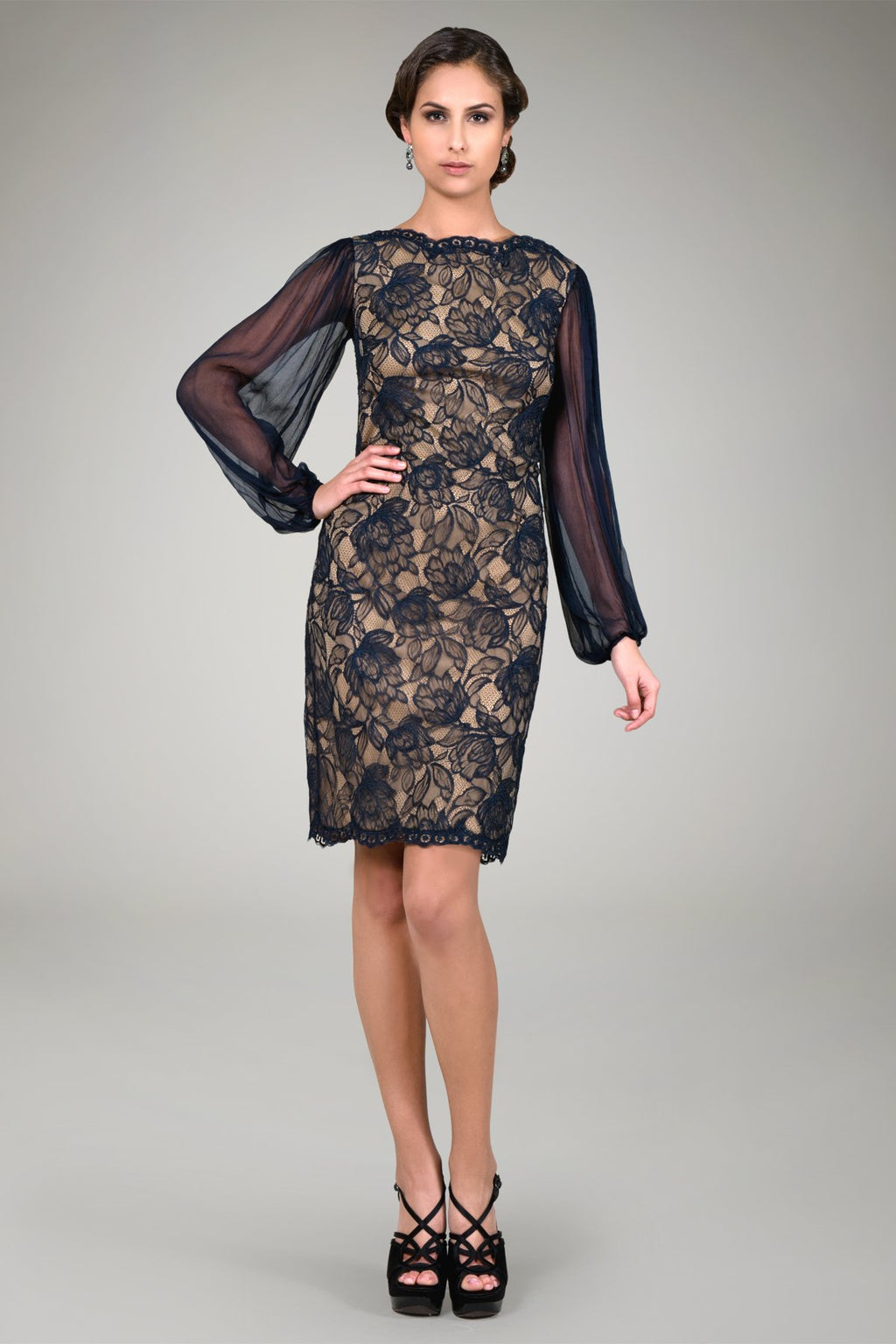 Illusion Sleeve Lace Cocktail Dress in Navy / Nude
