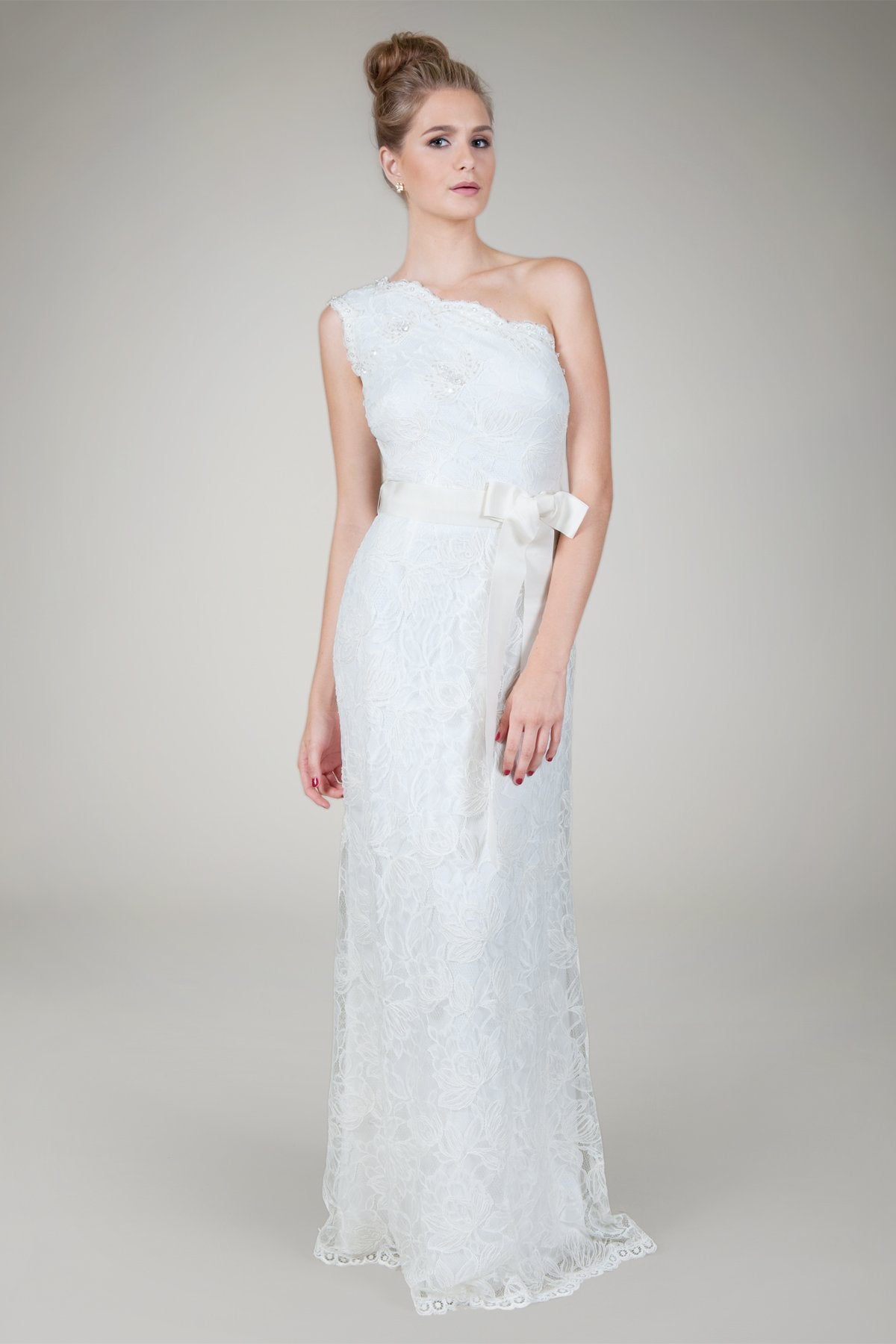One Shoulder Lace Gown in Ivory