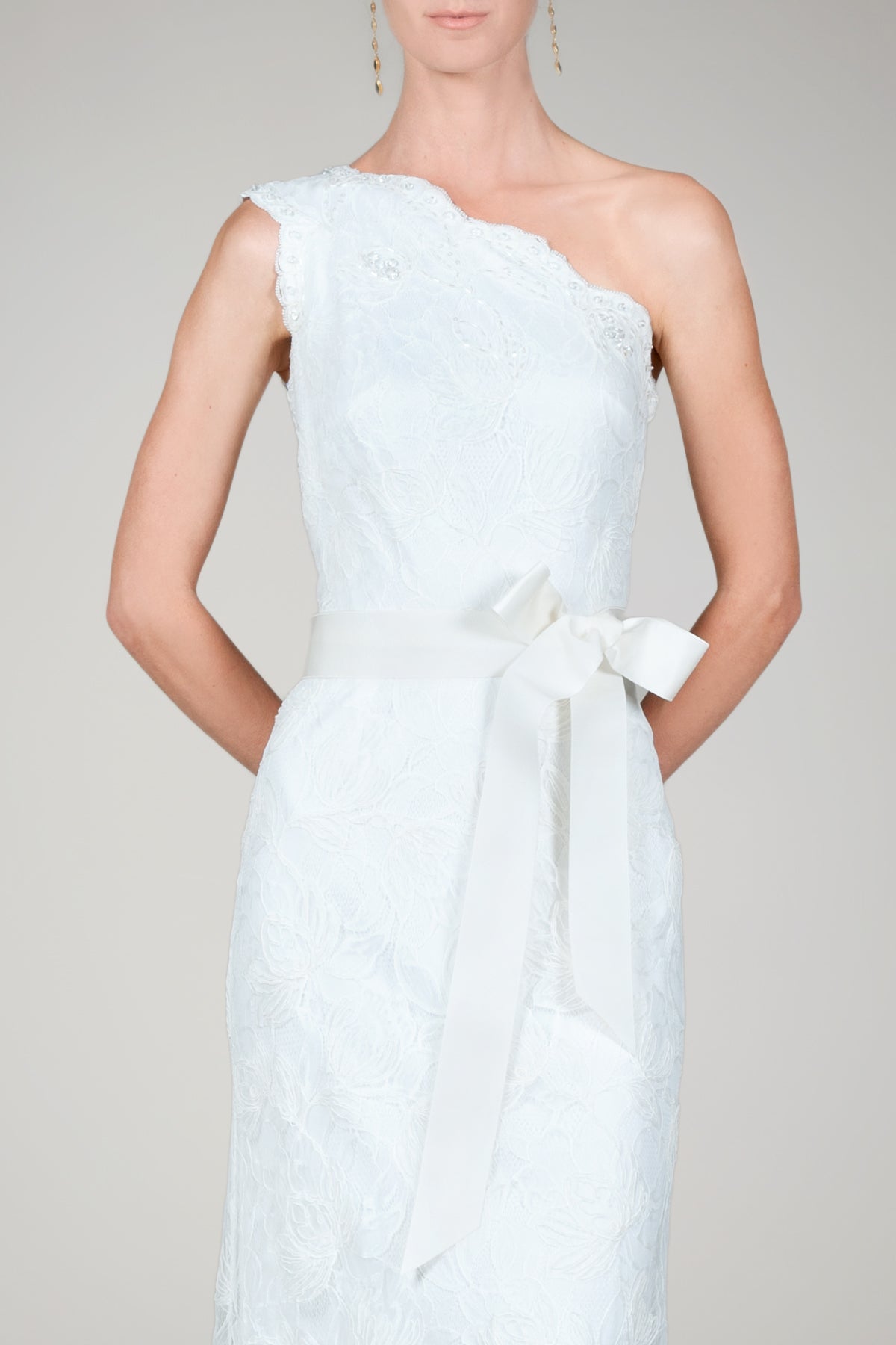 One Shoulder Lace Gown in Ivory