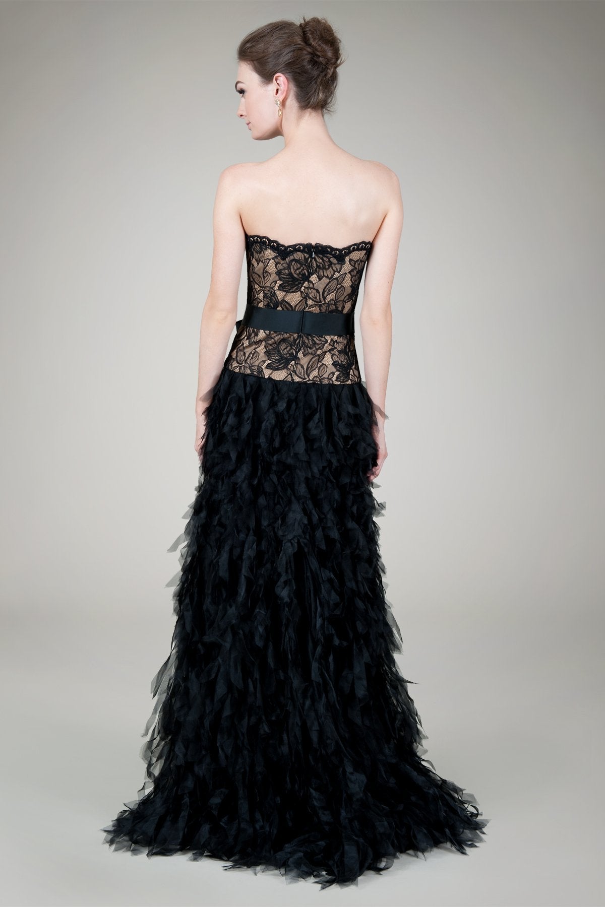 Hand Cut Organza Strapless Gown in Black / Nude